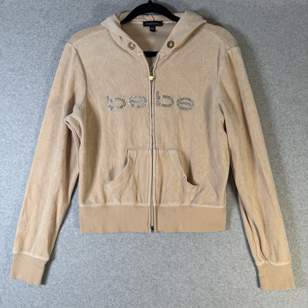 Bebe zip up jacket Vintage Y2K beige velour velvet track‎ womens large